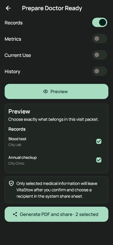 VitaStow Doctor Ready screen with two selected records