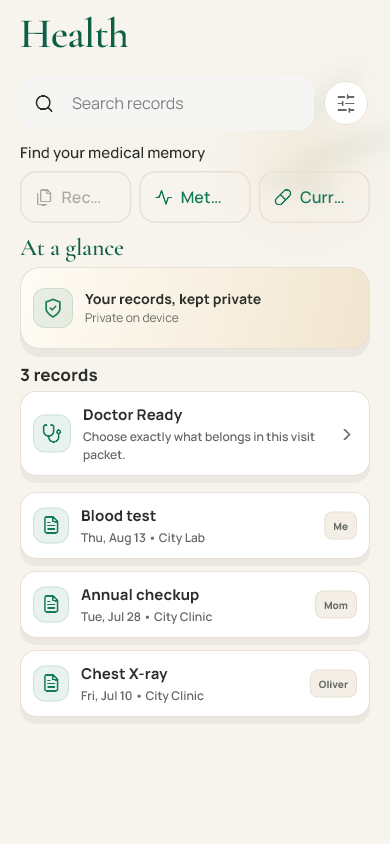 VitaStow Health screen with search and saved records
