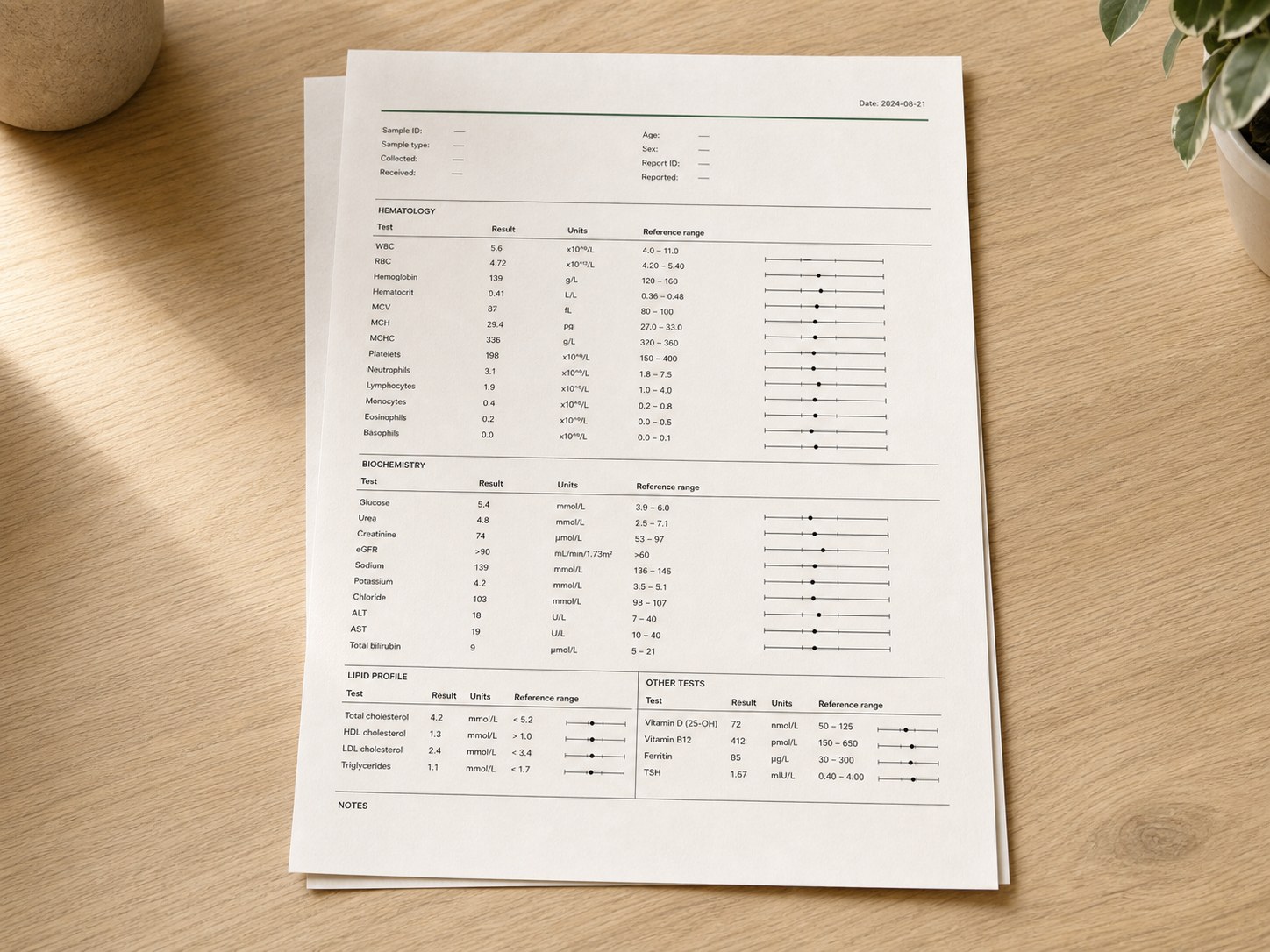 A generic laboratory report on a home desk